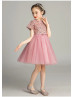 Short Sleeves Mauve Sequined Lace Tulle Flower Girl Dress